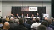 Participants discussing exploration and mining financing during the PDAC convention in March, from left: John D. Bridges, executive director and senior analyst, precious metals and coal, JP Morgan; Peter Collibee, managing director and industry head, global mining and metals, Scotia Capital; Egizio Bianchini, vice-chair, global cohead metals and mining, investment and corporate banking, BMO Capital Markets; Chris Gratias, managing director and head, mining global investment banking, CIBC Capital Markets; Ryan Latinovich, managing director and head, Canadian mining and metals, global investment banking, RBC Capital Markets; and Rick McCreary, deputy chair, TD Securities. Credit: PDAC.