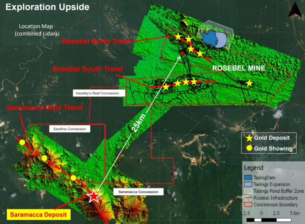 Map of Iamgold's Saramacca gold property and its Rosebel mine property in Suriname. Credit: Iamgold.