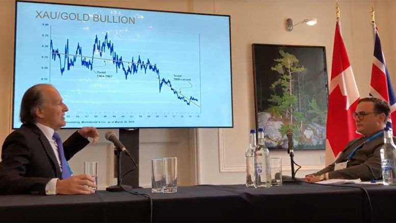 Pierre Lassonde is interviewed by Northern Miner publisher Anthony Vaccaro at the Canadian Mining Symposium in London on April 24, 2018. Photo by The Northern Miner.