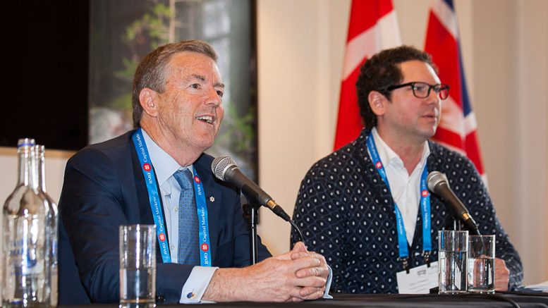 Ross Beaty, chairman of Pan American Silver and Equinox Gold, and CopperBank's Gianni Kovacevic at the Canadian Mining Symposium in London on April 25, 2018. Photo by Martina Lang.