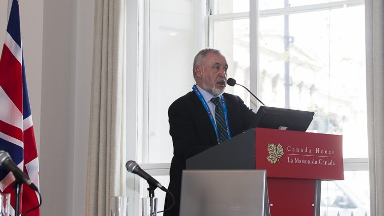 Marathon Gold president and CEO Phillip C. Walford speaking at the Northern Miner's Canadian Mining Symposium in London, U.K., in April 2018. Photo by Martina Lang.