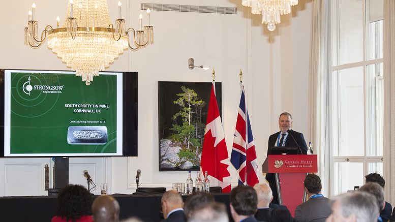 Richard Williams, president and CEO of Strongbow Exploration, speaking at the Northern Miner's Canadian Mining Symposium in London, U.K., in April 2018. Photo by Martina Lang.