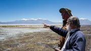 Lithium Chile vice-president of exploration Terry Walker (right) and senior geologist Eric Hansen on the company's property in the Salar De Atacama. Credit: Lithium Chile.