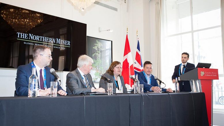 From left: Guy Bourassa, president and chief executive officer, Nemaska Lithium; Robin Goad, president and chief executive officer, Fortune Minerals; Rebecca Gordon, head of technology metals and energy, CRU Consulting; Lance Hooper, president and chief operating officer, Cobalt Blockchain. Moderator: Richard Quarisa, The Northern Miner. Photo by Martina Lang.