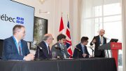 The Quebec Plan Nord panel at the Canadian Mining Symposium in London on April 24, 2018. From left: Guy Bourassa, president and chief executive officer, Nemaska Lithium; Robert Sauvé, chief executive officer, Société du Plan Nord; Darrin Wagner, president, Balmoral Resources; Pascal Hamelin, president and chief operating officer, Metanor Resources. Photo by Martina Lang.