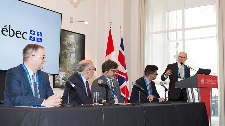 The Quebec Plan Nord panel at the Canadian Mining Symposium in London on April 24, 2018. From left: Guy Bourassa, president and chief executive officer, Nemaska Lithium; Robert Sauvé, chief executive officer, Société du Plan Nord; Darrin Wagner, president, Balmoral Resources; Pascal Hamelin, president and chief operating officer, Metanor Resources. Photo by Martina Lang.