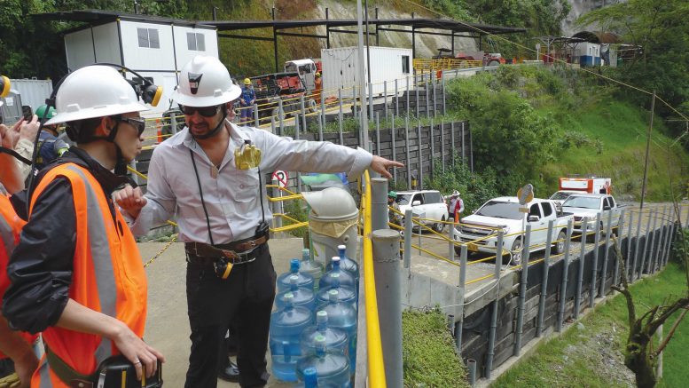 Continental Gold CEO Ari Sussman (right) speaks with visitors near the Yaragua tunnel entrance at the Buritica gold project in Antioquia, Colombia. Photo by David Perri