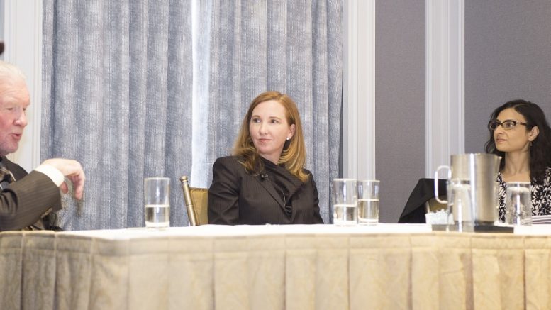 At The Northern Miner’s inaugural Diamonds in Canada Symposium in June 2018 in Toronto, from left: Grenville Thomas, chairman of North Arrow Minerals; Eira Thomas, president and CEO of producer Lucara Diamond; and Alisha Hiyate, editor of Diamonds in Canada and editor-in-chief of Canadian Mining Journal. Photo by Erik Rotter.