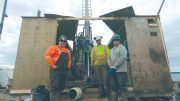 Workers on a drilling barge at Fission Uranium’s Patterson Lake South uranium project in northern Saskatchewan. photo by Richard Quarisa.