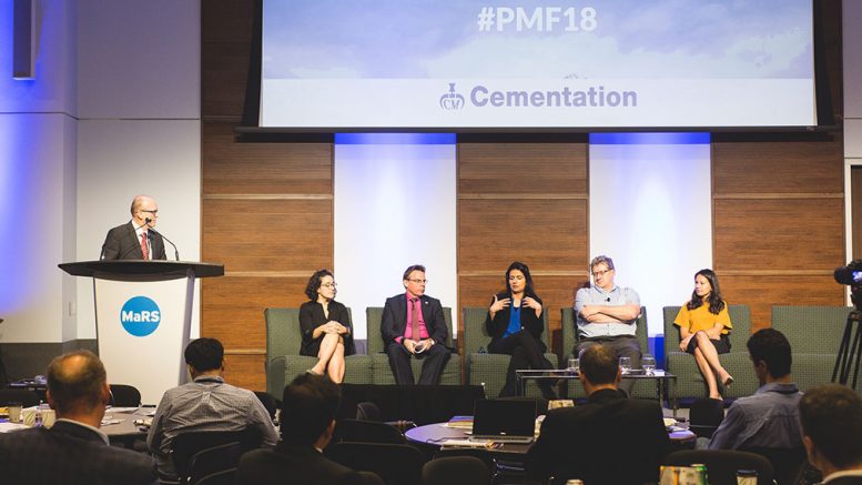 From left: Moderator John Cumming, The Northern Miner editor-in-chief; Talia Dabby, PwC Canada director; Glenn Mullan, PDAC president; Humera Malik, Canvas Analytics CEO; Gordon Stothart, Iamgold executive vice-president and chief operating officer; and Shelby Yee, RockMass Technologies co-founder and CEO. Photo by George Matthew Photography.