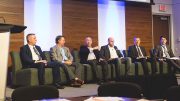 Panellists (from left): Cory McPhee, Vale’s VP of corporate affairs, communications and sustainability; Carl Weatherell, Canada Mining Innovation Council CEO; Nathan Stubina, McEwen Mining’s managing director of innovation; Jason Goodhand, e-Zn Inc.’s VP of business development; Raziel Zisman, Whittle Consulting’s co-founder and partner; and John Mullally, Goldcorp’s VP of corporate affairs and energy regulation. Photo by George Matthew Photography.