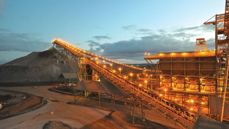 Crushed ore falls off a conveyor at Newmont Mining’s Boddington gold mine in Western Australia. Credit: Newmont Mining.