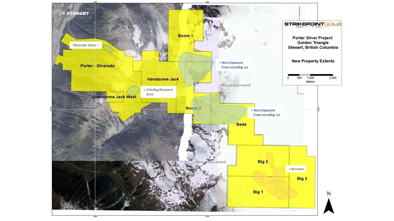 A map showing the 33 sq. km area Strikepoint consolidated in B.C.'s Golden Triangle in 2018. Credit: Strikepoint Gold. 