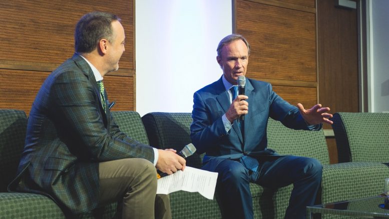 Agnico Eagle Mines vice-chair and CEO Sean Boyd (right) and Northern Miner publisher Anthony Vaccaro in conversation on-stage at The Northern Miner's Progressive Mine Forum in Toronto in October 2018. Photo by George Matthew Photography.