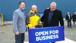 From left: Greg Rickford, Minister of Energy, Northern Development and Mines; Stephen Roman, Harte Gold president and CEO; and Doug Ford, premier of Ontario. Photo by Trish Saywell.