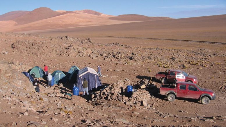 An exploration camp and Cornerstone Capital Resources’ personnel at the Miocene gold-silver-copper property in Chile. Newcrest Mining holds an option to earn up to 75% of the project. Credit: Cornerstone Capital Resources.