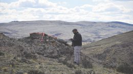 Project geologist Oscar Pederson surveying a control point for drone flights, which will collect high-resolution images and an elevation model, ahead of the next drill program at Mirasol Resources’ Nico gold-silver project in Argentina. Credit: Mirasol Resources.