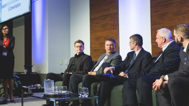 Speaking on automation at the Progressive Mine Forum at the MaRS Discovery District in Toronto in October 2018, from left: Alisha Hiyate, Canadian Mining Journal editor-in-chief; Mikko Koivunen, Sandvik Mining and Rock Technology’s business line manager for automation; Walter Siggelkow, Hard-Line’s president and founder; Jason Cox, Roscoe Postle Associates’ executive vice-president of mine engineering; Douglas Morrison, Centre for Excellence in Mining Innovation’s president and CEO; and Daniel Lucifora, Goldcorp’s manager of mine automation. Photo by George Matthew Photography.
