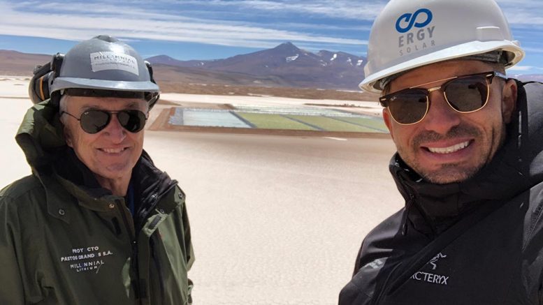 Millennial Lithium COO Iain Scarr (left) and Ergy Solar CEO Baltazar Robles at the Pastos Grandes lithium property in Argentina’s Salta province. Credit: Millennial Lithium.