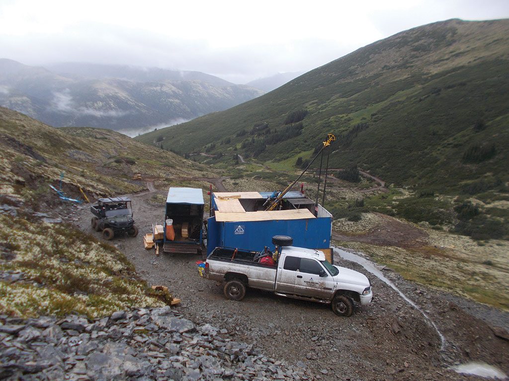 A drill station 1,600 metres above sea level at Stratabound Minerals’ Golden Culvert gold project in the Yukon. Credit: Stratabound Minerals.