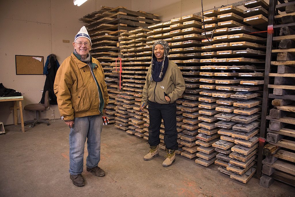 Explorateurs-Innovateurs de Québec founder Edwin Gaucher (left) and geologist Joe Bakiako Kongo examine core samples at the Opemiska copper project in 2015. Credit: Explorateurs-Innovateurs de Québec.