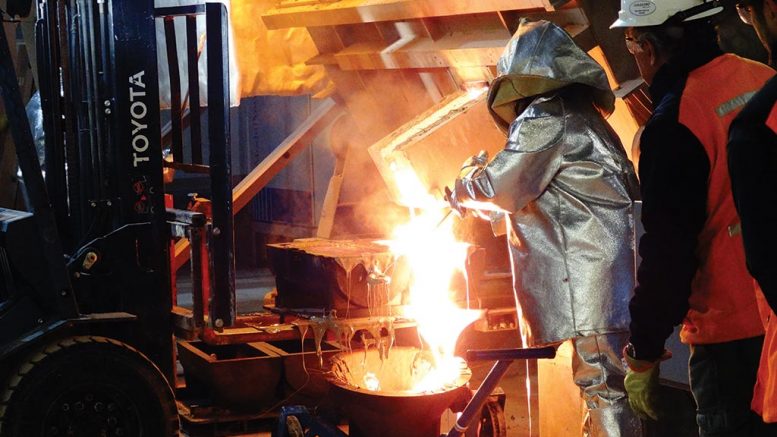 Pouring gold doré at Goldcorp’s Cerro Negro gold mine in Argentina. Credit: Goldcorp.