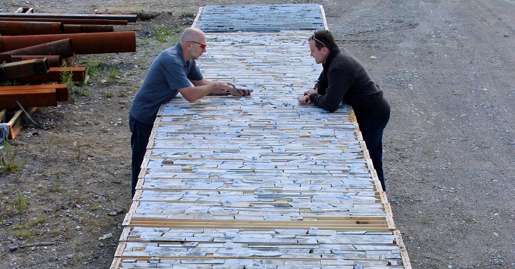 Frontier Lithium Inc.’s VP Exploration Garth Drever (left) and President & CEO Trevor R. Walker examine core from the PAK lithium deposit in northwestern Ontario, representing 155 metres of world-class, technical grade, low-iron spodumene. Credit: Frontier Lithium Inc.