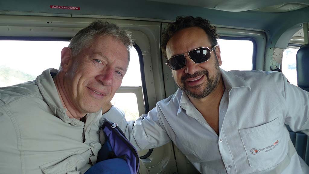 Continental Gold special advisor David Reading (left) and CEO Ari Sussman aboard a helicopter between Medellin and the Buritica gold project.  Photo by David Perri.