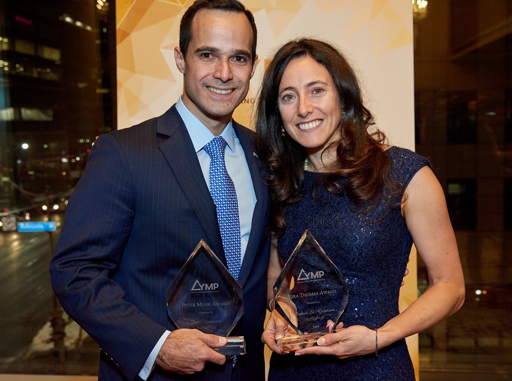 Jose Vizquerra, executive vice-president of strategic development and a director of Osisko Mining; and recipient of the YMP’s 2018 Peter Munk Award; and Andrée St-Germain, chief financial officer of Integra Resources, and recipient of the YMP’s 2018 Eira Thomas Award. Credit: YMP