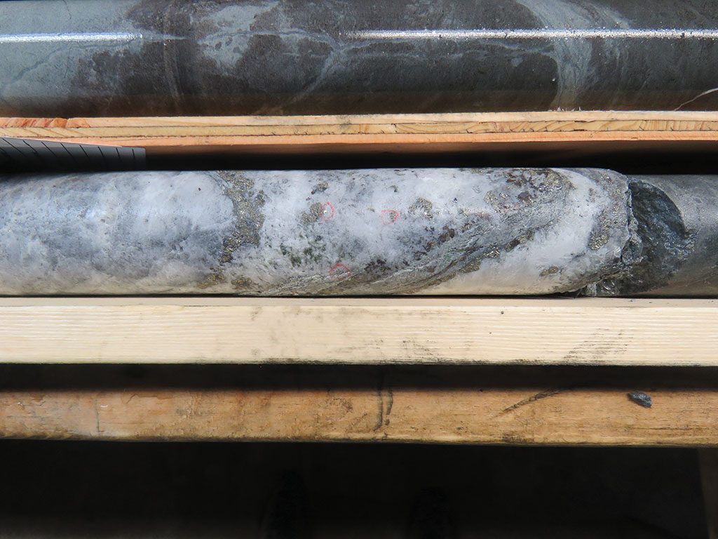 Visible gold on a section of the 88 vein discovery hole at Troubadour Resources’ Privateer gold project on Vancouver Island. Credit: Troubadour Resources.