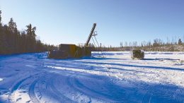 A drill rig targets the Point prospect from the frozen surface of East Ramsland Lake in February 2019 on MAS Gold’s Preview Lake gold property, 60 km northeast of La Ronge, Saskatchewan. Credit: MAS Gold.