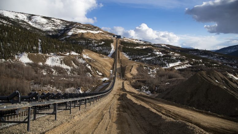 Overland conveyor with the Secondary/Tertiary Crusher building in the distance, at Victoria Gold's near-complete Eagle Gold Mine at Dublin Gulch in Central Yukon. Credit: Victoria Gold.