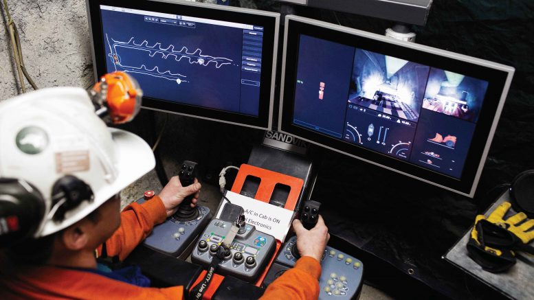 An operator using Sandvik’s AutoMine system to drive an LH410 in the New Afton mine. Credit: Sandvik.