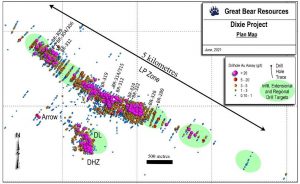 Example cross section 20625 showing all individual assays from reported highlighted intervals with labelled high-grade domains in the near-surface