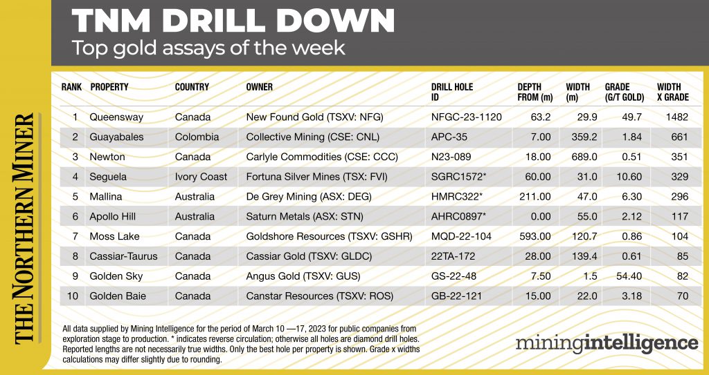 TNM Drill Down: Newfoundland produces the best gold assay of Mar. 13-17