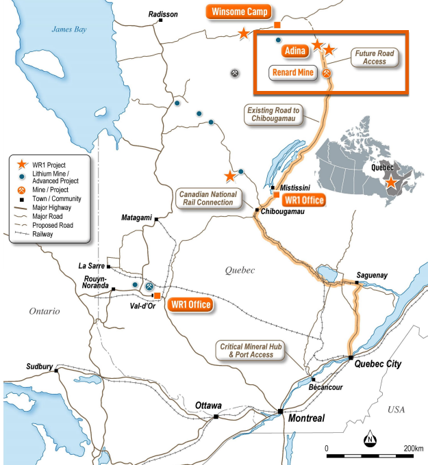 Winsome Adina Lithium Project Quebec Map